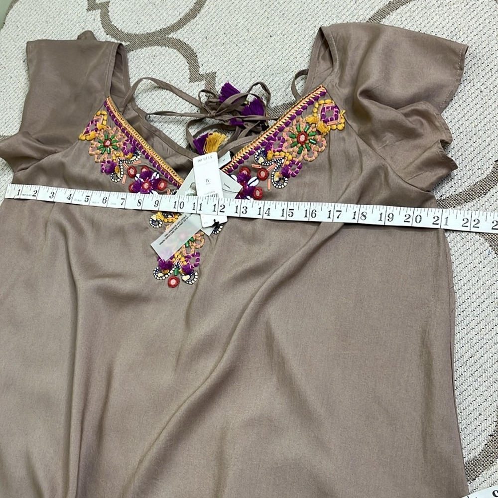 anthropologie blank london taupe tie neck beaded neckline flutter sleeve top - Picture 16 of 17